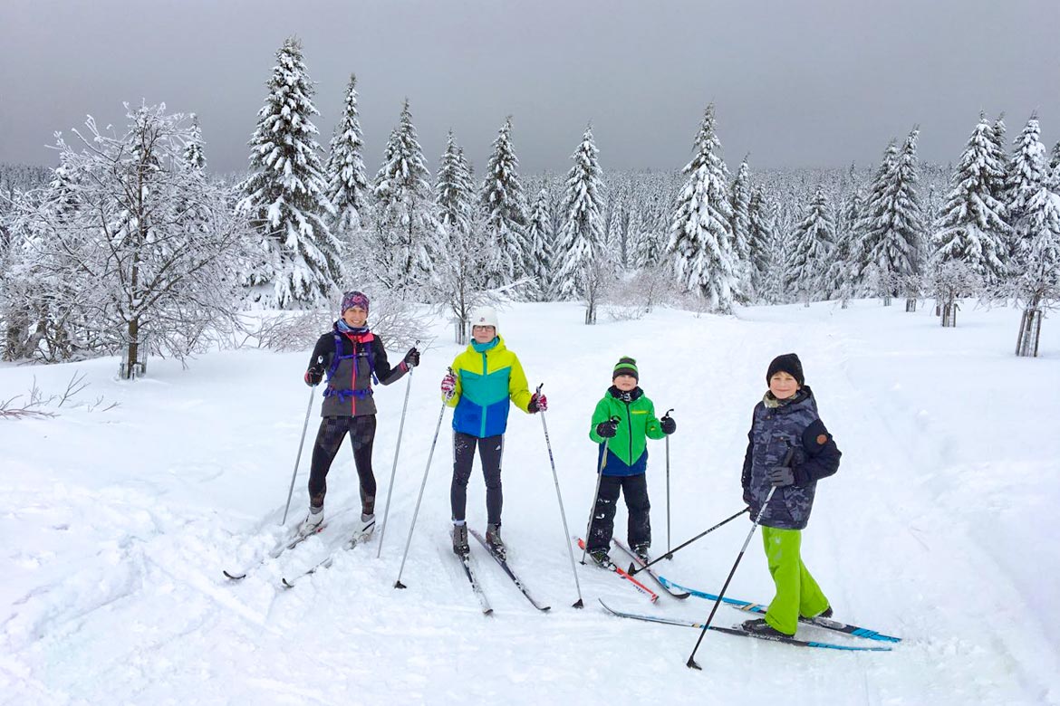 Emily Prucha and her family cross-country skiing