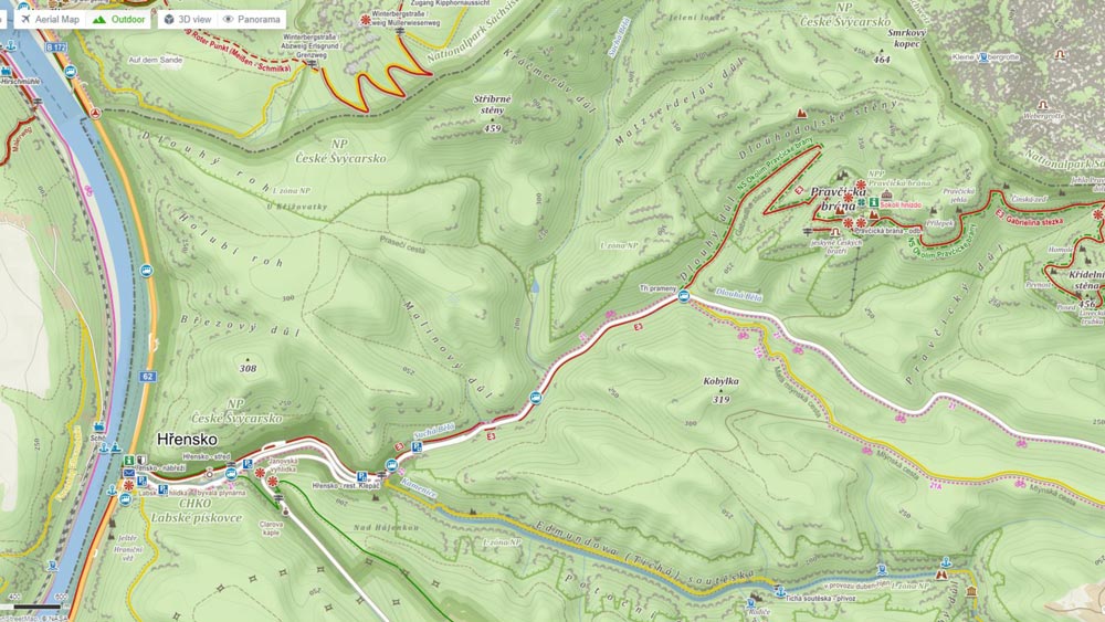 Map showing the road from Hřensko to Pravčická Gate