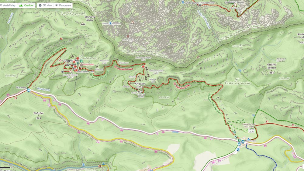 Map showing the red route from Hotel Mezní Louka to Pravčická Gate